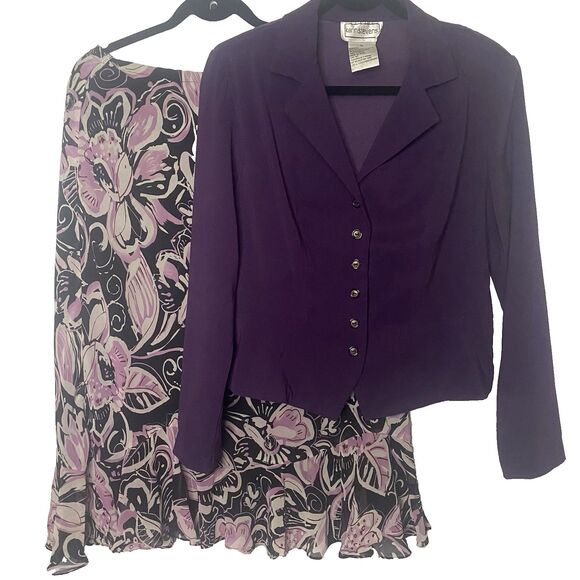 KARIN STEVENS 2 Piece Skirt Blouse Set Purple Floral Midi Ruffle Vintage 80s 10 - Picture 1 of 15